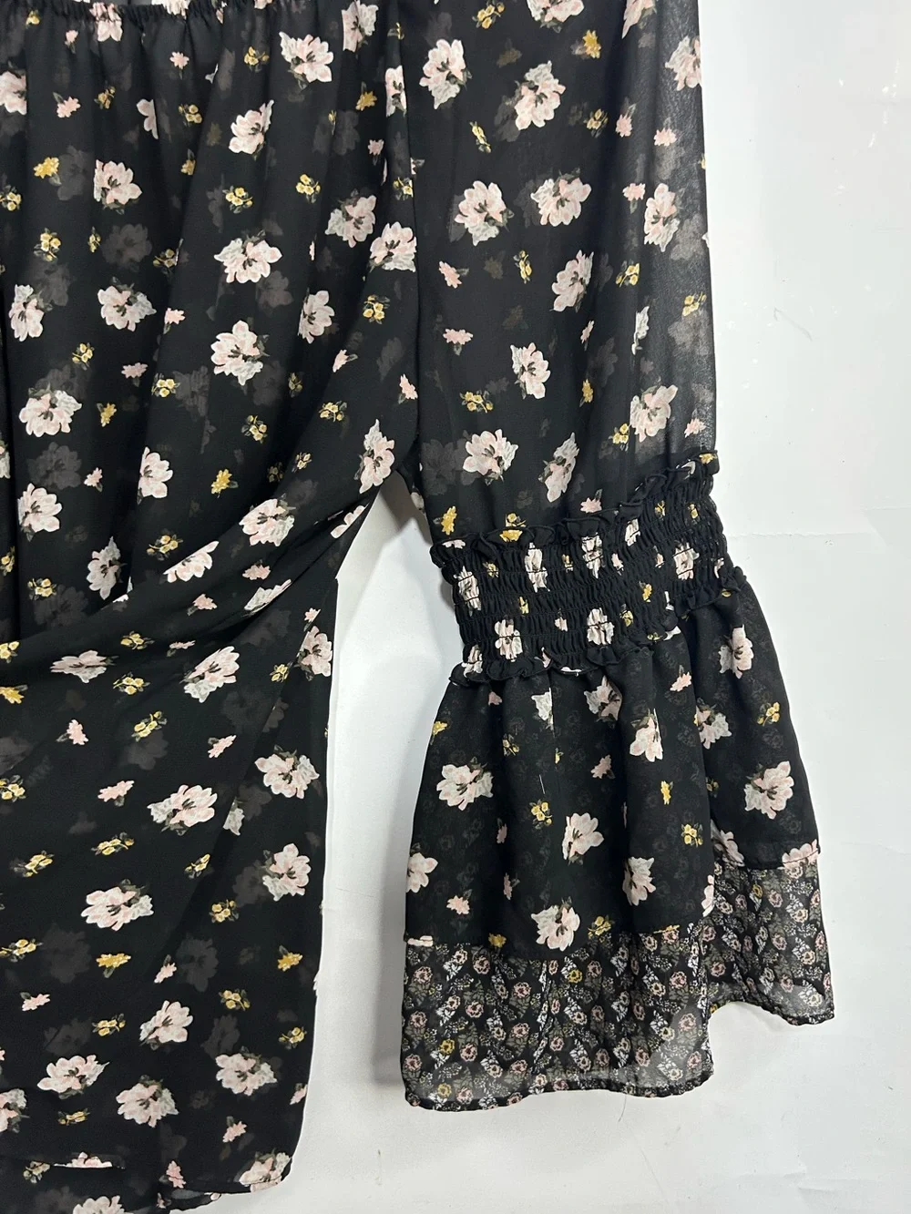 Style & Co. Floral Black Sheer Bell Sleeve Blouse Large